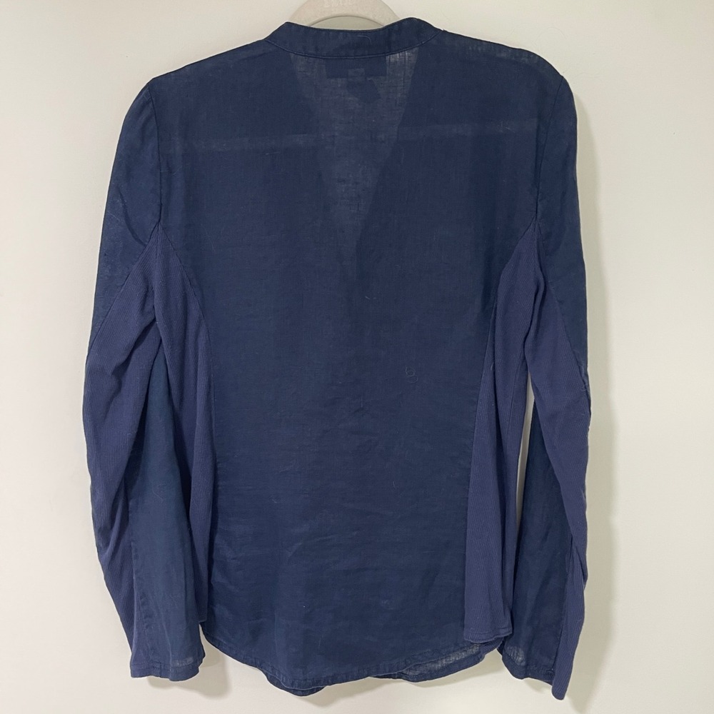 INC Womens Linen Blend Button Up Shirt Ribbed Coastal Navy Blue S - Picture 3 of 6